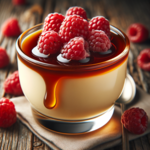 Vanilkový puding s javorovým sirupom a malinami